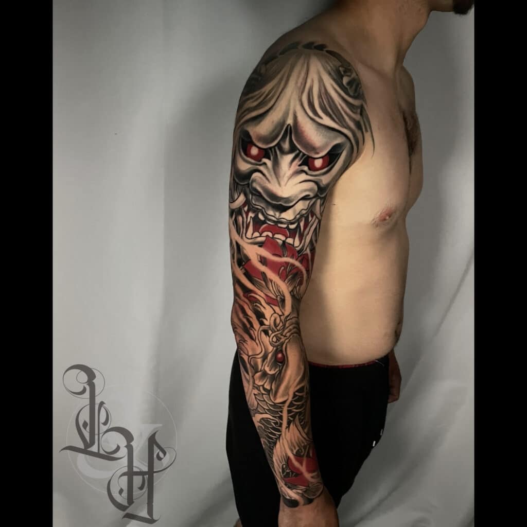 Japanese Mask Tattoo With Koi Fish