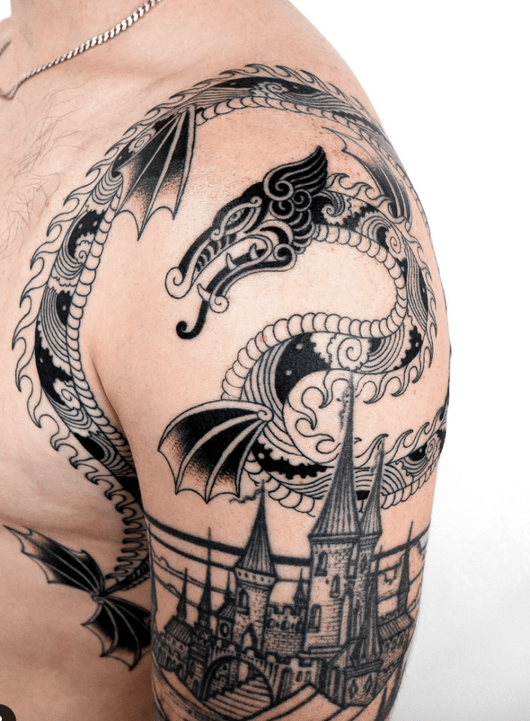 Black Dragon And Castle Tattoo