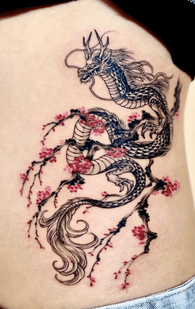 Black Dragon Cherry Blossom Tattoo