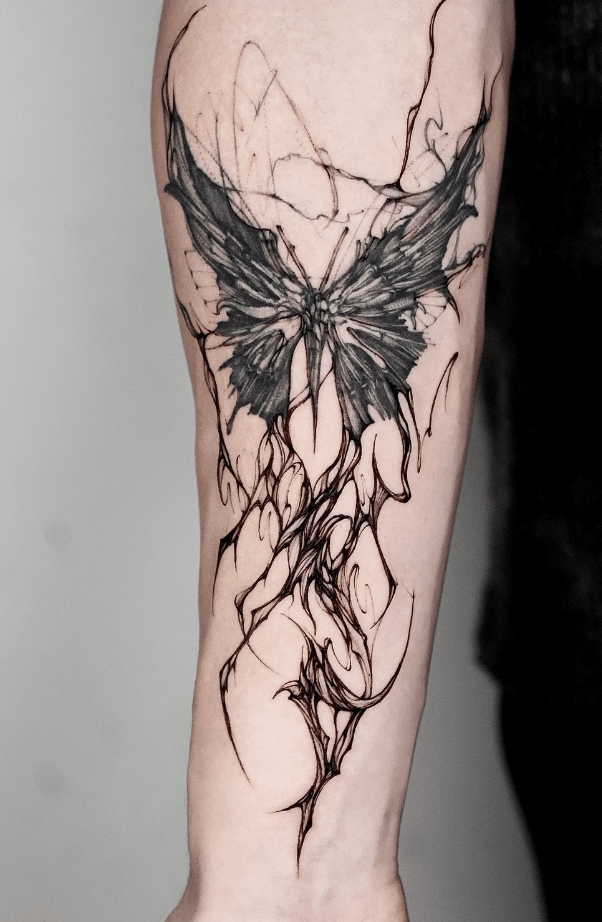 Black Work Line Butterfly Tattoo