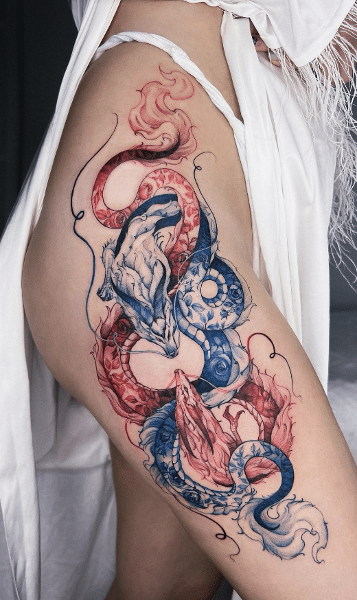 Blue And Red Dragon Tattoo