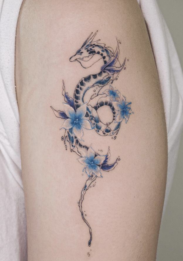 Blue Dragon with Florals tattoo