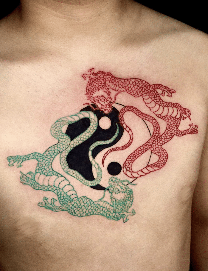 Chest With Yin Yang Dragon Tattoo Idea