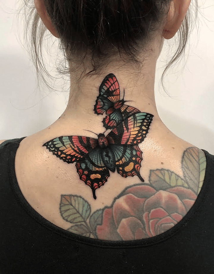 Colorful Butterfly Tattoo On Neck