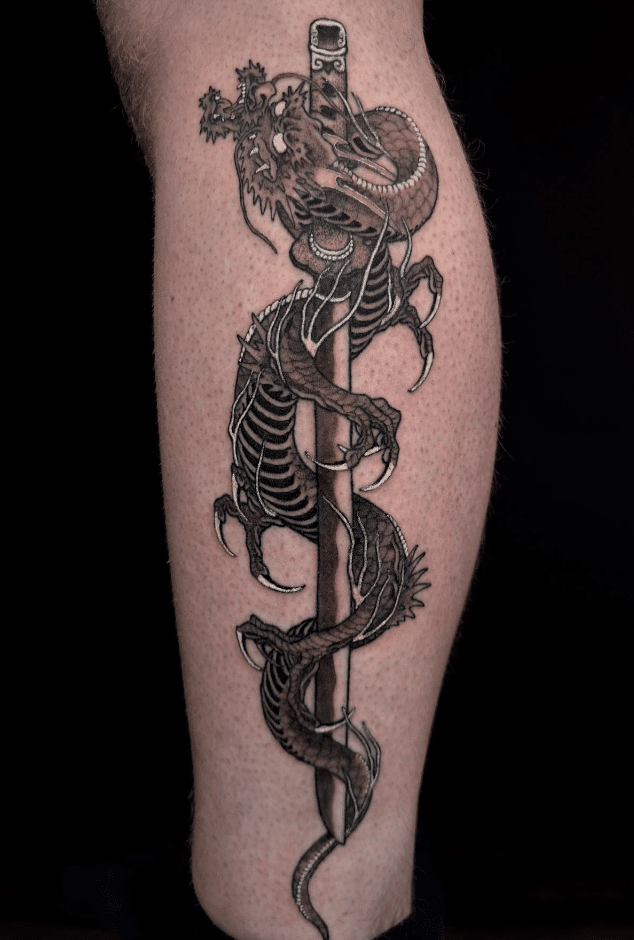 Dragon Sword Tattoo On Leg