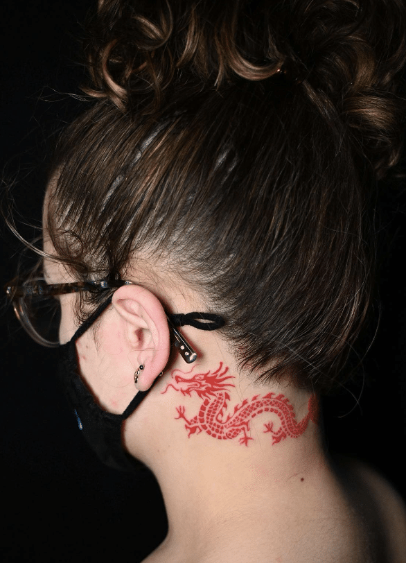 Ear and Neck Red Dragon Tattoo