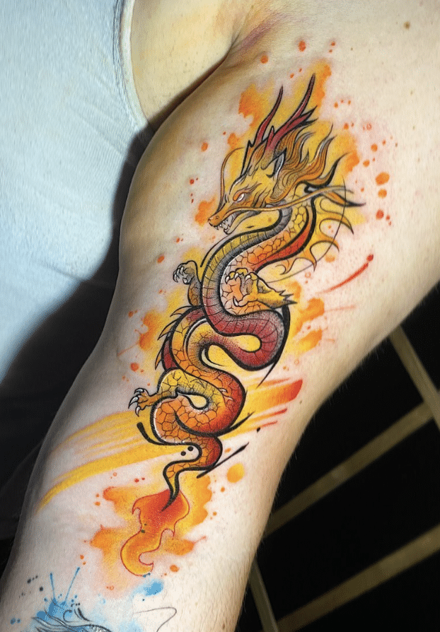 Flaming Yellow Dragon Tattoo