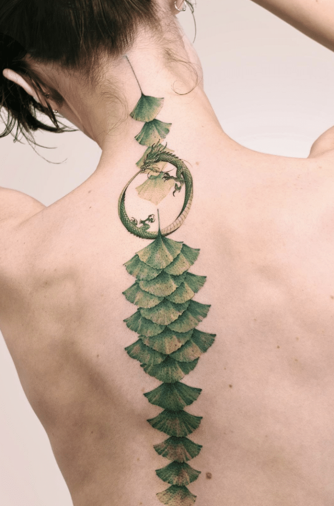 Ginkgo And Oroborus Green Dragon Tattoo