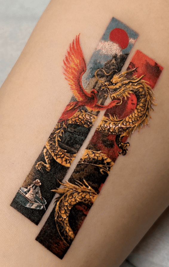 Gold Dragon And Phoenix Tattoo