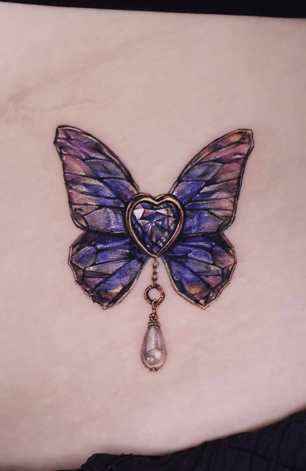 Heart Gem Purple Butterfly Tattoo