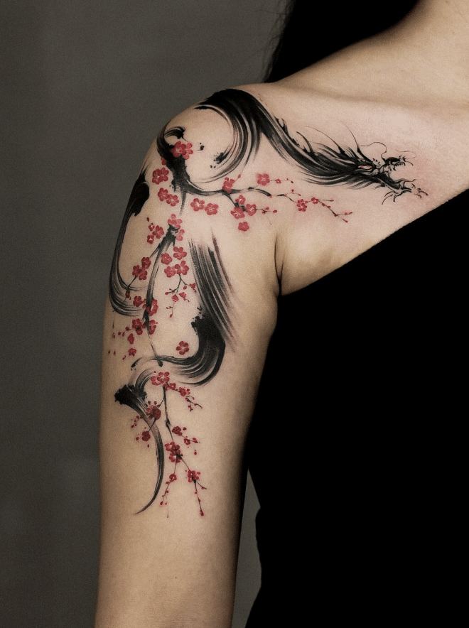 Japanese Dragon Cherry Bloosom Tattoo