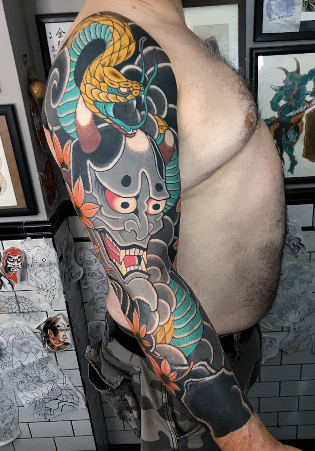 Japanese Mask And Snake Tattoo