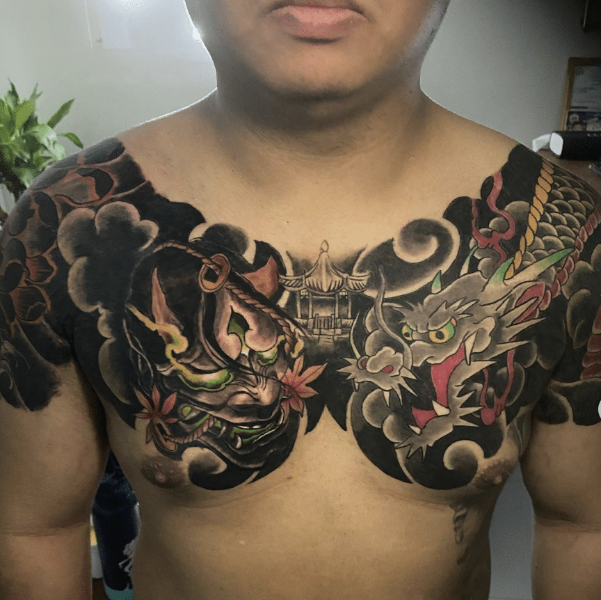 Japanese Mask And White Dragon Tattoo