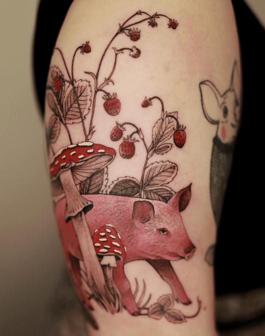 Mushroom And Pig Tattoo