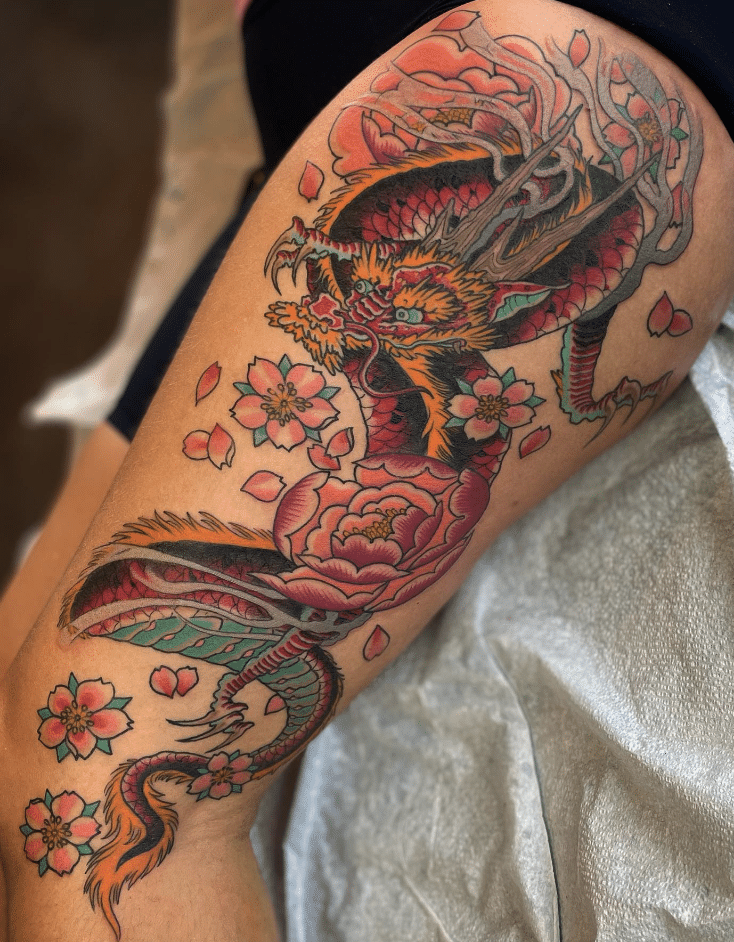 Red Dragon Floral Tattoo