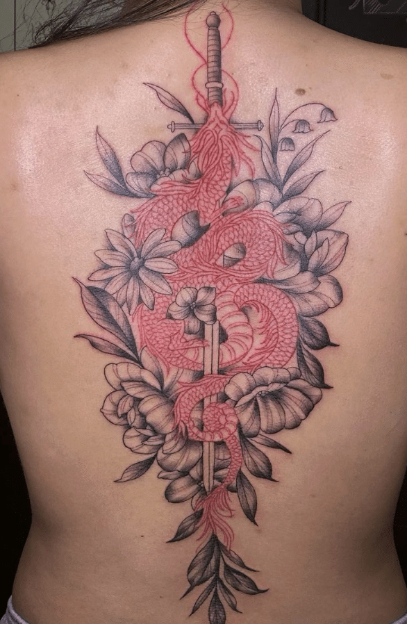 Red Dragon and Sword Tattoo