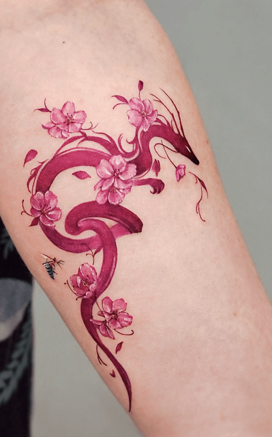 Red Dragon Tattoo with Flowers