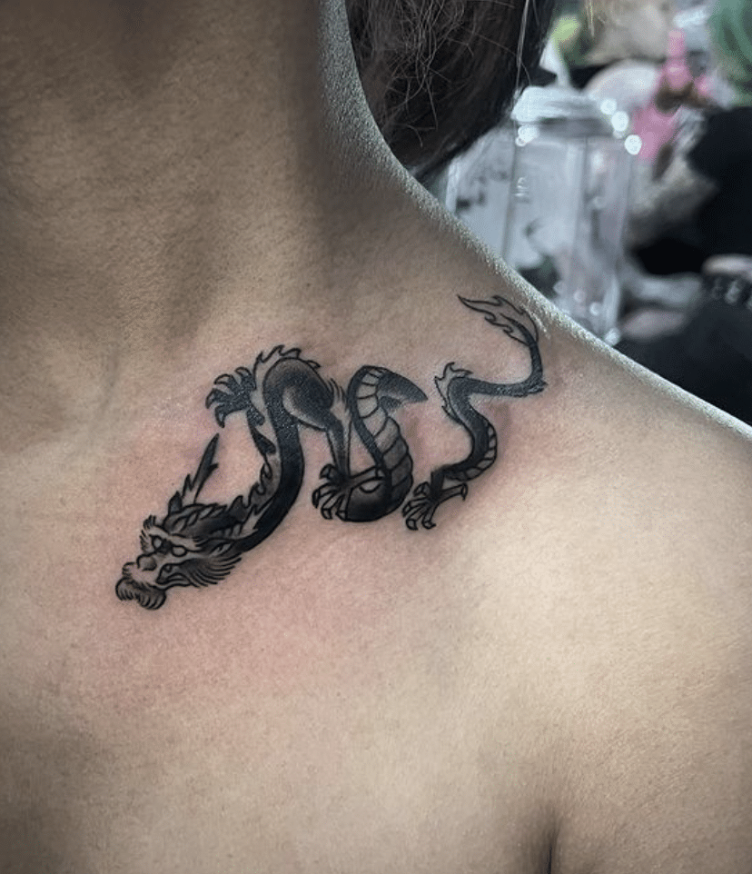 The Collarbone With Black Dragon Tattoo