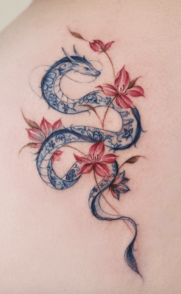 White Dragon With Florals Tattoo