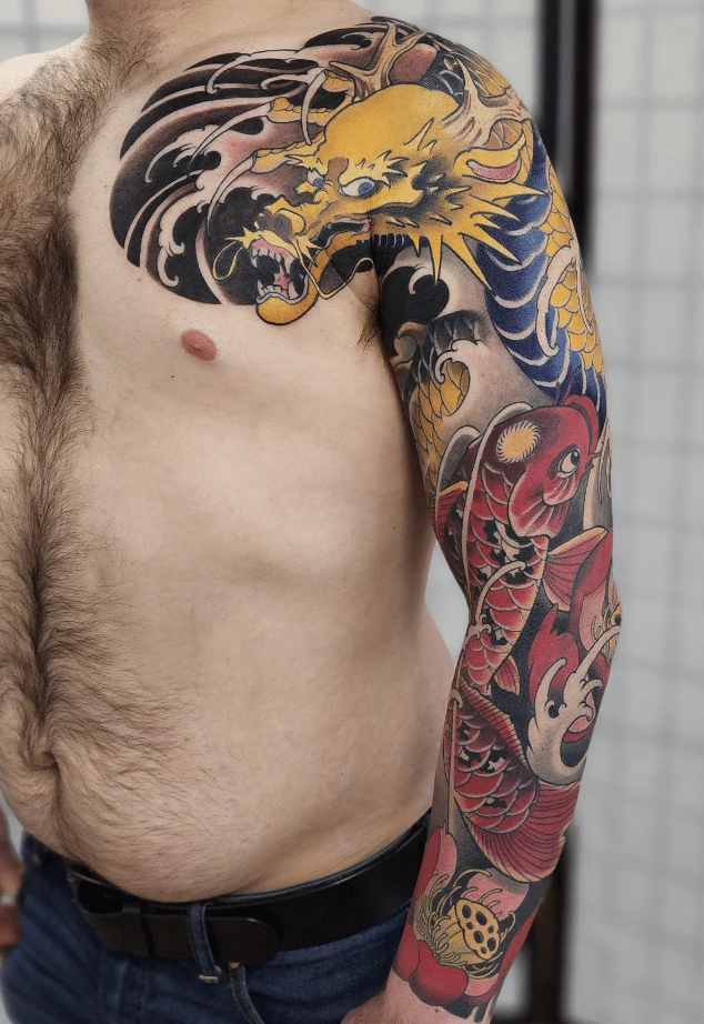 Yellow Dragon And Koi Tattoo