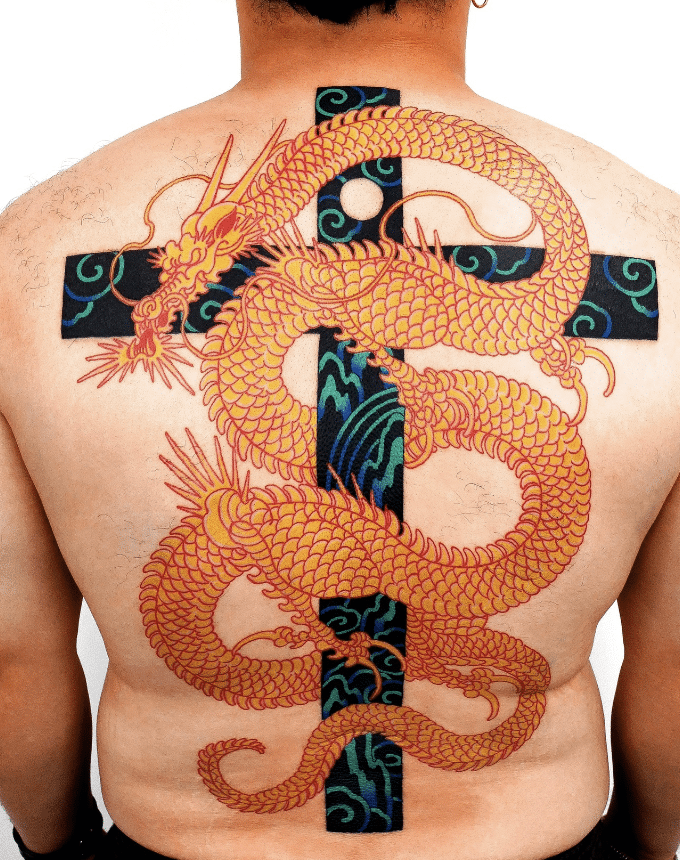 Yellow Dragon Tattoo On Back