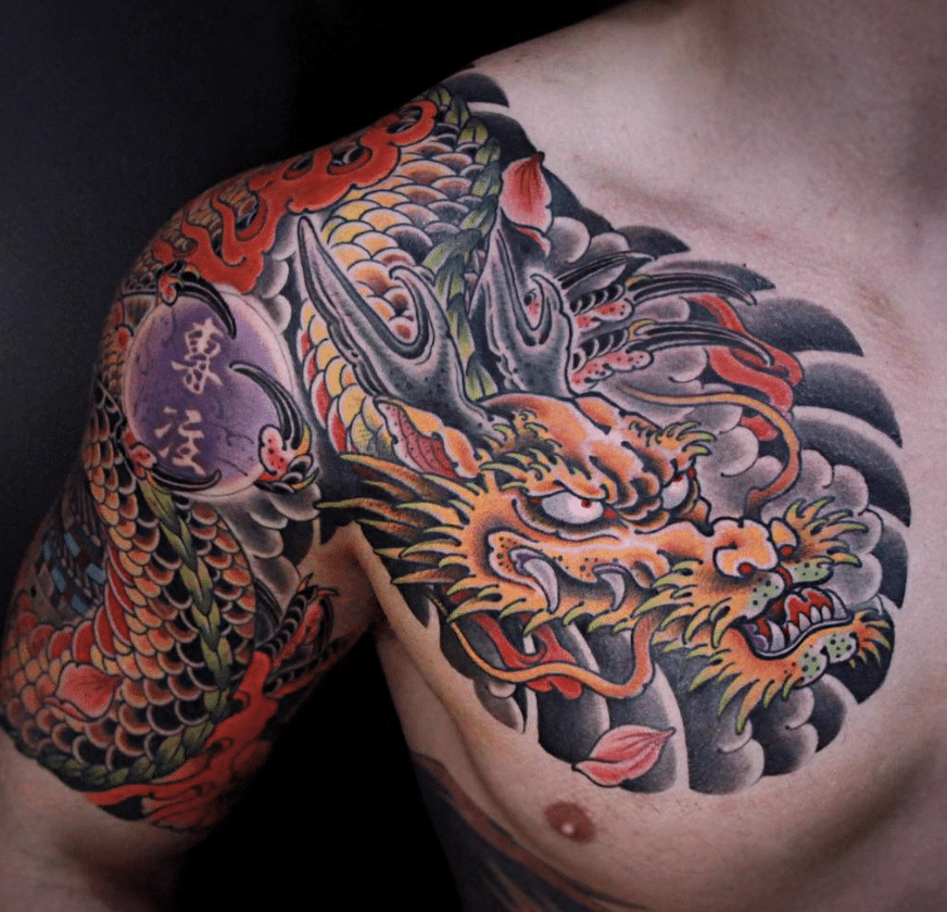 Yellow Dragon Tattoo On Chest